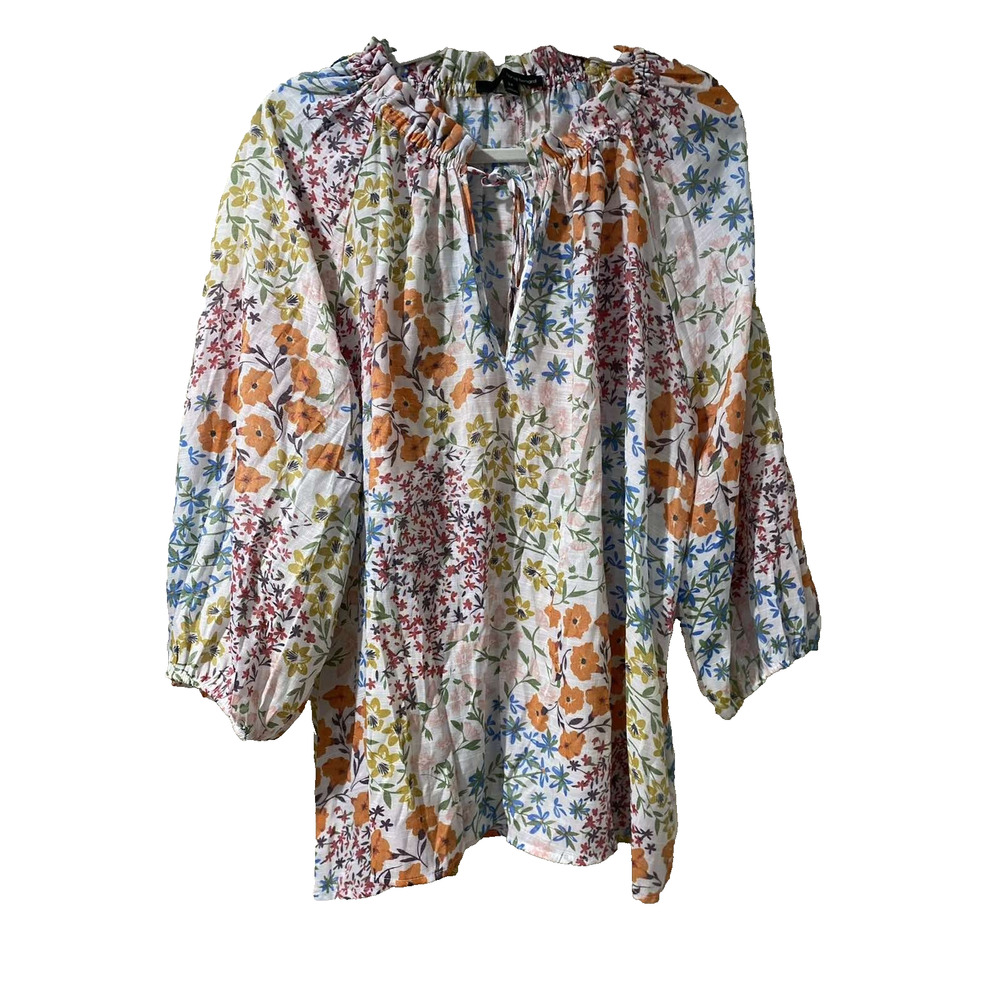 Harve Benard White Floral Tie Neck 3/4 Sleeve Blouse Size 3X Top A003305